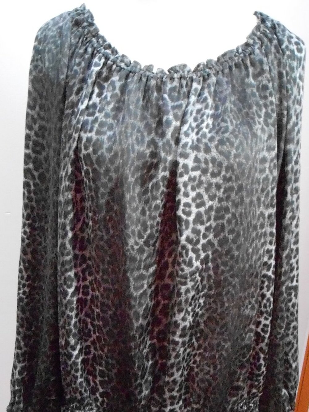 Michael Kors Black & Gray Leopard Print Ruffled Neck Long Sleeve Blouse Size-L